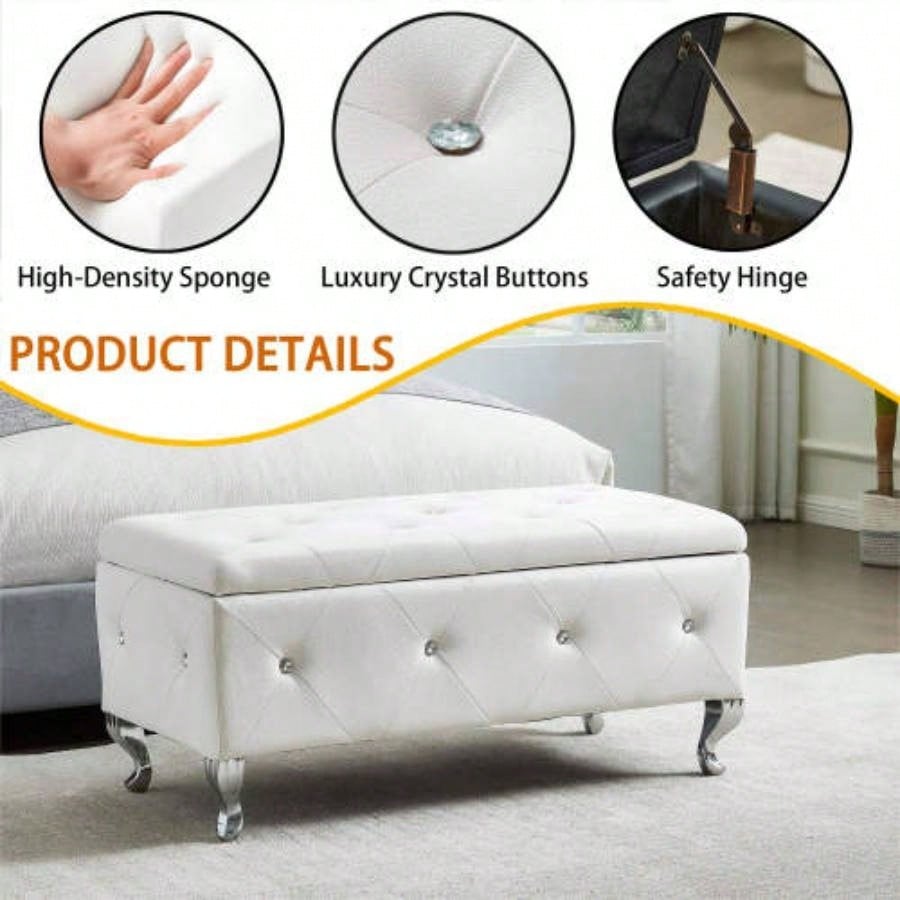 Upholstered Storage Ottoman Bedroom End Of Bed Faux Leather Rectangular Storage Benches Footrest With Buttons Living Room Entryway White