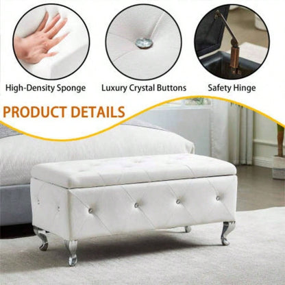 Upholstered Storage Ottoman Bedroom End Of Bed Faux Leather Rectangular Storage Benches Footrest With Buttons Living Room Entryway White