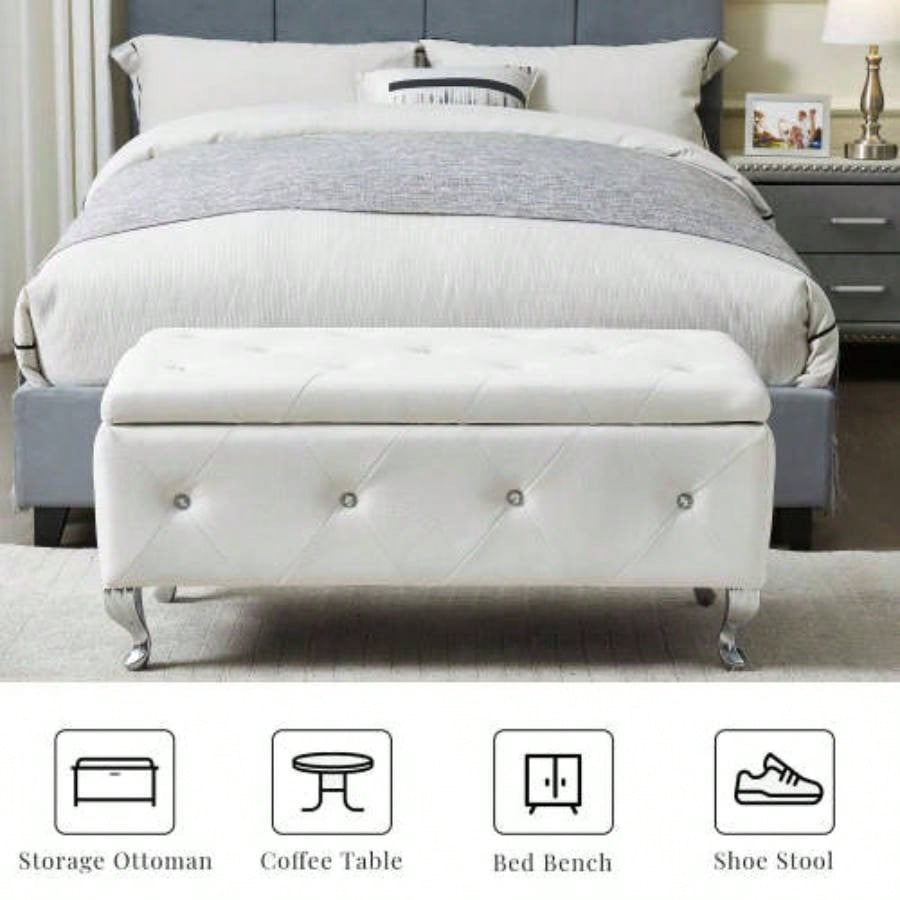 Upholstered Storage Ottoman Bedroom End Of Bed Faux Leather Rectangular Storage Benches Footrest With Buttons Living Room Entryway White