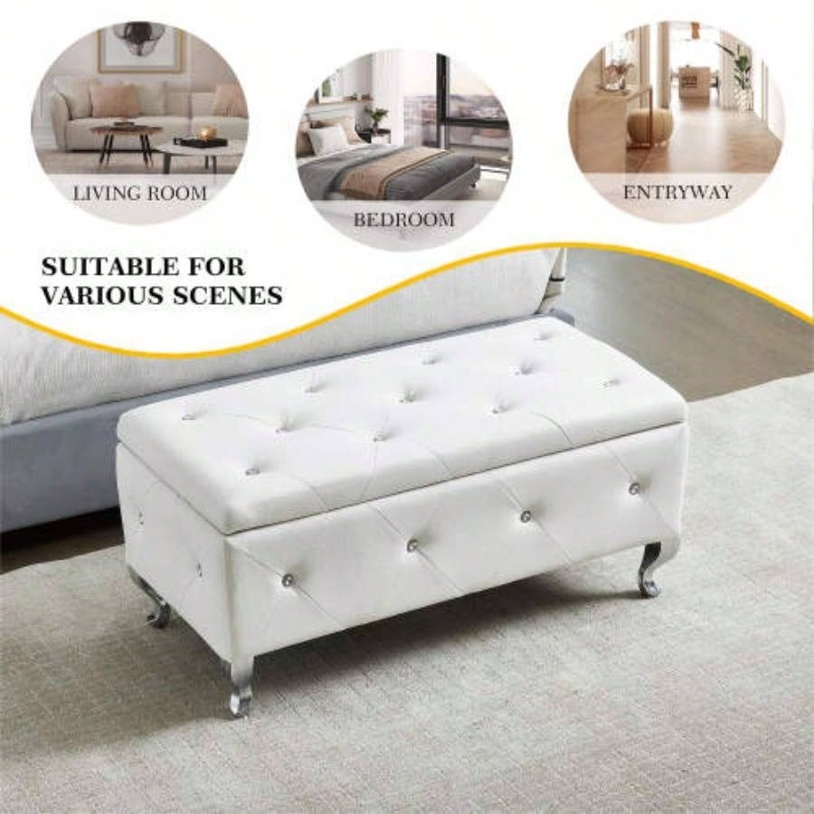 Upholstered Storage Ottoman Bedroom End Of Bed Faux Leather Rectangular Storage Benches Footrest With Buttons Living Room Entryway White