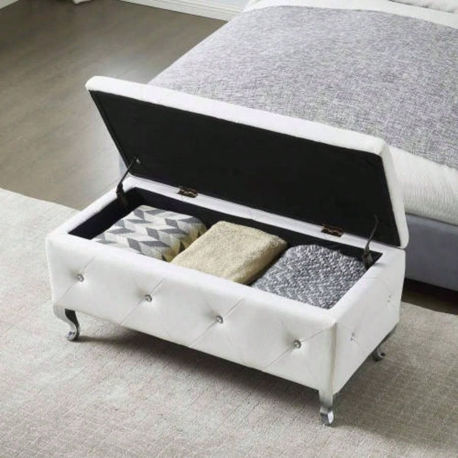 Upholstered Storage Ottoman Bedroom End Of Bed Faux Leather Rectangular Storage Benches Footrest With Buttons Living Room Entryway White