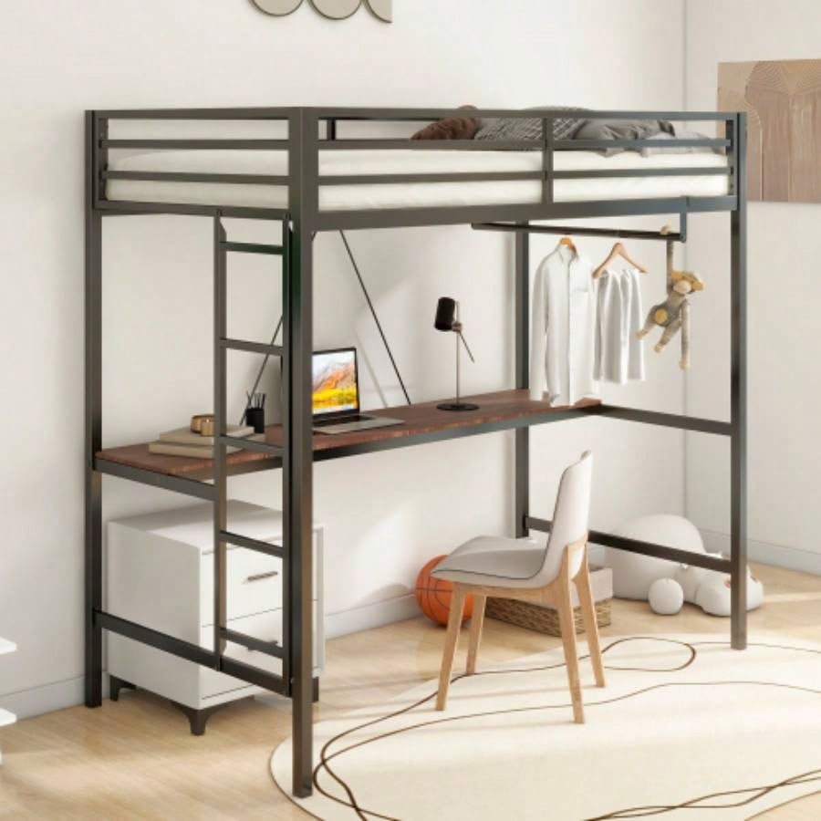 Adam Sturdy Twin Loft Bed Black with Cinnamon Wood Desk and Closet Rod Adult and, Loft Bed with Easy Climbing Ladder and Guardrails, Loft Bed Frame Bedroom, Space Saving