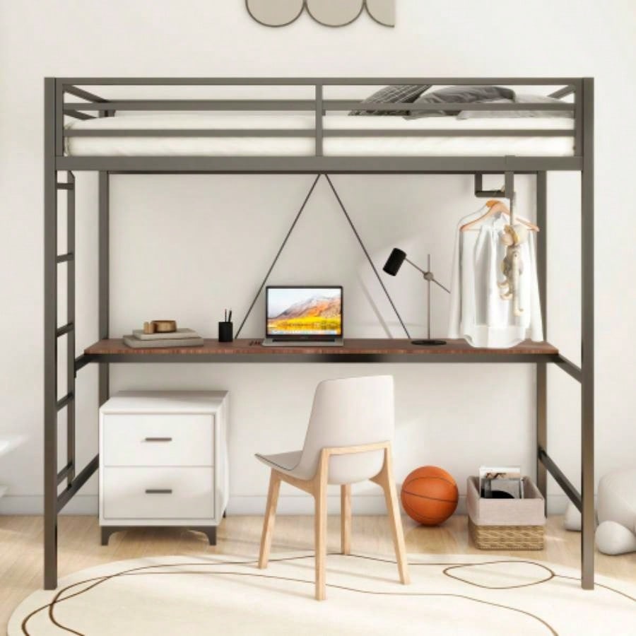 Adam Sturdy Twin Loft Bed Black with Cinnamon Wood Desk and Closet Rod Adult and, Loft Bed with Easy Climbing Ladder and Guardrails, Loft Bed Frame Bedroom, Space Saving