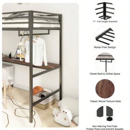 Adam Sturdy Twin Loft Bed Black with Cinnamon Wood Desk and Closet Rod Adult and, Loft Bed with Easy Climbing Ladder and Guardrails, Loft Bed Frame Bedroom, Space Saving