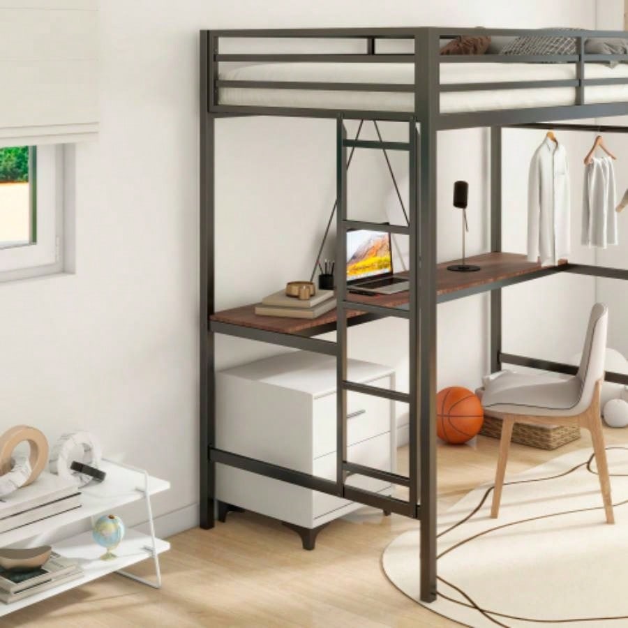 Adam Sturdy Twin Loft Bed Black with Cinnamon Wood Desk and Closet Rod Adult and, Loft Bed with Easy Climbing Ladder and Guardrails, Loft Bed Frame Bedroom, Space Saving