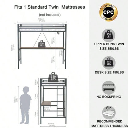 Adam Sturdy Twin Loft Bed Black with Cinnamon Wood Desk and Closet Rod Adult and, Loft Bed with Easy Climbing Ladder and Guardrails, Loft Bed Frame Bedroom, Space Saving