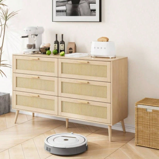 Rattan 6 Drawers Chest of Dressers Bedroom, Modern 6 Drawer Dresser, Wide Chest of Drawers with wood Handles, Rattan Dresser Storage Cabinet Living Room, Bedroom, Hallway