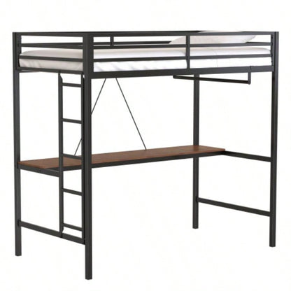 Adam Sturdy Twin Loft Bed Black with Cinnamon Wood Desk and Closet Rod Adult and, Loft Bed with Easy Climbing Ladder and Guardrails, Loft Bed Frame Bedroom, Space Saving