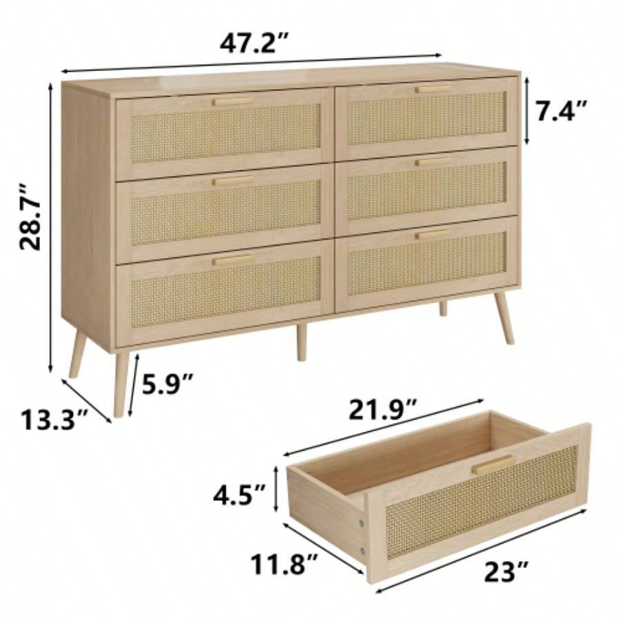 Rattan 6 Drawers Chest of Dressers Bedroom, Modern 6 Drawer Dresser, Wide Chest of Drawers with wood Handles, Rattan Dresser Storage Cabinet Living Room, Bedroom, Hallway