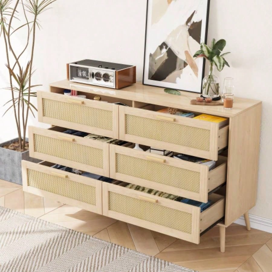 Rattan 6 Drawers Chest of Dressers Bedroom, Modern 6 Drawer Dresser, Wide Chest of Drawers with wood Handles, Rattan Dresser Storage Cabinet Living Room, Bedroom, Hallway