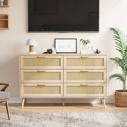 Rattan 6 Drawers Chest of Dressers Bedroom, Modern 6 Drawer Dresser, Wide Chest of Drawers with wood Handles, Rattan Dresser Storage Cabinet Living Room, Bedroom, Hallway