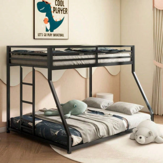 Adam Sturdy Twin over Full Bunk Bed Metal Black and Adult, Low Profile Twin over Full Bunk Bed with Ladder and Guardrails, Easy Climbing, Beds Bedroom