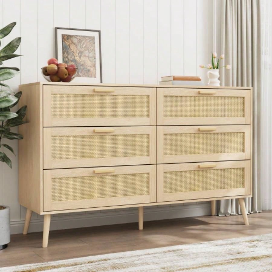 Rattan 6 Drawers Chest of Dressers Bedroom, Modern 6 Drawer Dresser, Wide Chest of Drawers with wood Handles, Rattan Dresser Storage Cabinet Living Room, Bedroom, Hallway