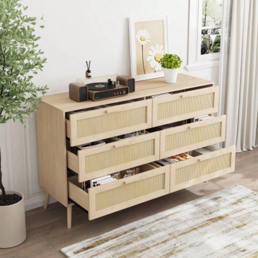 Rattan 6 Drawers Chest of Dressers Bedroom, Modern 6 Drawer Dresser, Wide Chest of Drawers with wood Handles, Rattan Dresser Storage Cabinet Living Room, Bedroom, Hallway