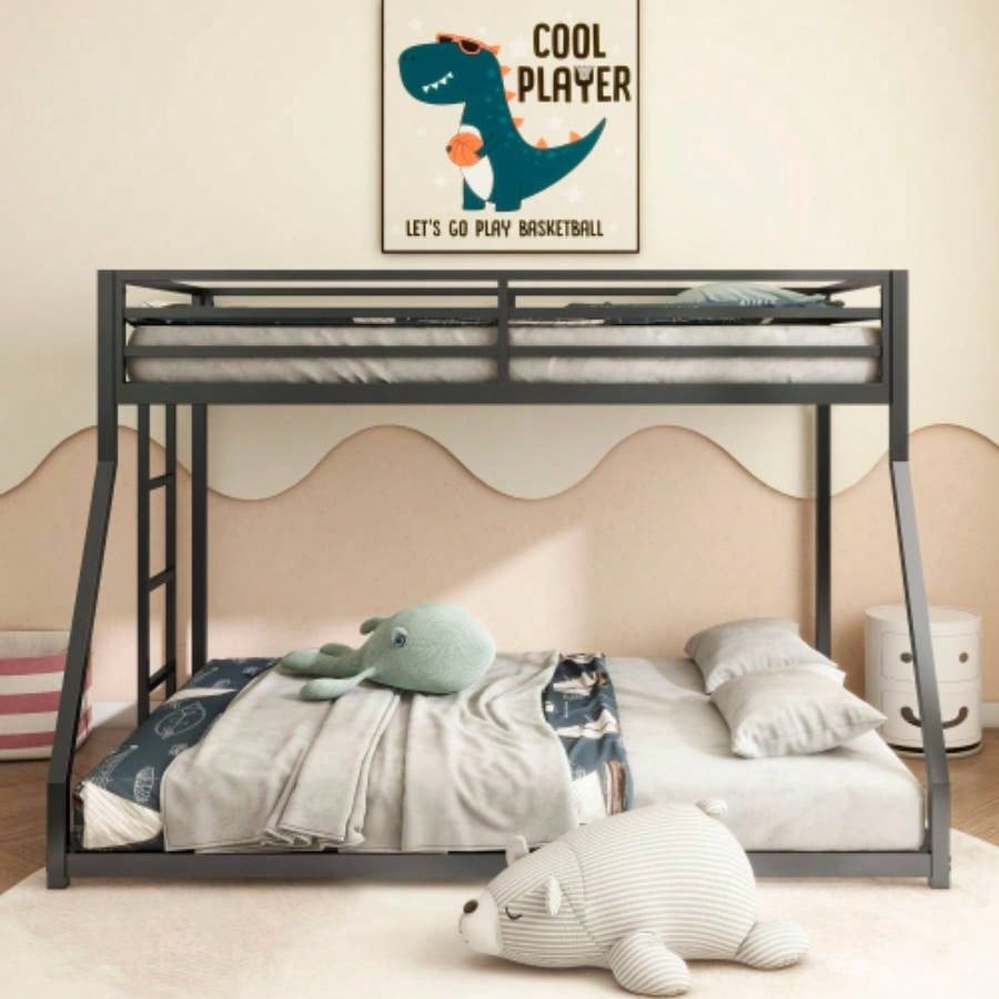 Adam Sturdy Twin over Full Bunk Bed Metal Black and Adult, Low Profile Twin over Full Bunk Bed with Ladder and Guardrails, Easy Climbing, Beds Bedroom