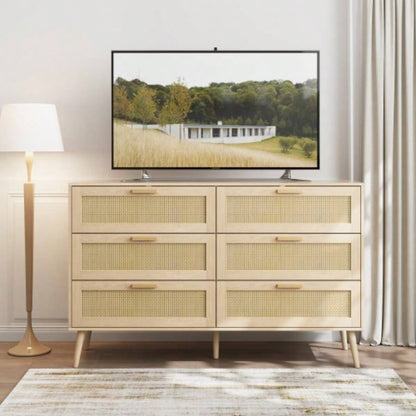 Rattan 6 Drawers Chest of Dressers Bedroom, Modern 6 Drawer Dresser, Wide Chest of Drawers with wood Handles, Rattan Dresser Storage Cabinet Living Room, Bedroom, Hallway