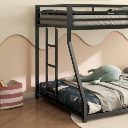 Adam Sturdy Twin over Full Bunk Bed Metal Black and Adult, Low Profile Twin over Full Bunk Bed with Ladder and Guardrails, Easy Climbing, Beds Bedroom