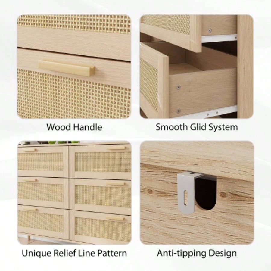 Rattan 6 Drawers Chest of Dressers Bedroom, Modern 6 Drawer Dresser, Wide Chest of Drawers with wood Handles, Rattan Dresser Storage Cabinet Living Room, Bedroom, Hallway