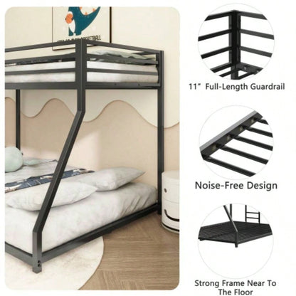 Adam Sturdy Twin over Full Bunk Bed Metal Black and Adult, Low Profile Twin over Full Bunk Bed with Ladder and Guardrails, Easy Climbing, Beds Bedroom