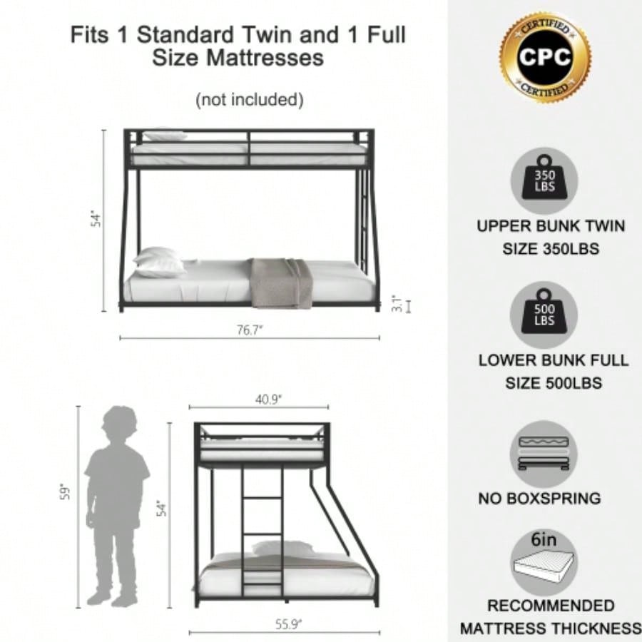 Adam Sturdy Twin over Full Bunk Bed Metal Black and Adult, Low Profile Twin over Full Bunk Bed with Ladder and Guardrails, Easy Climbing, Beds Bedroom