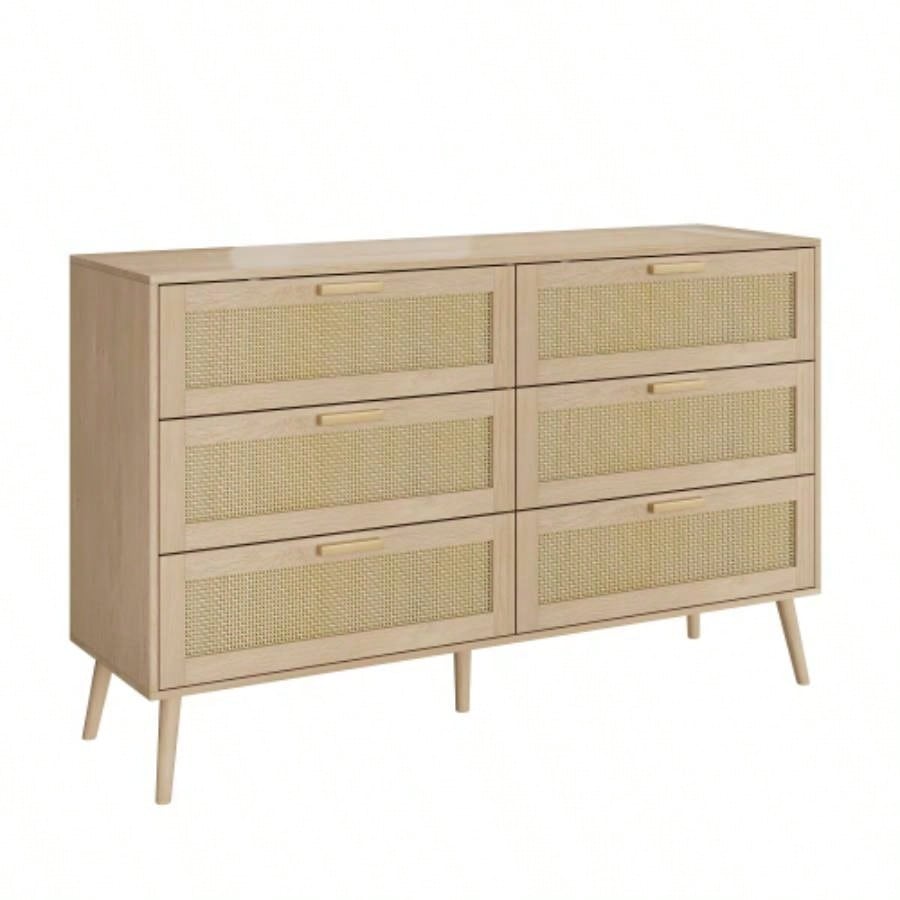 Rattan 6 Drawers Chest of Dressers Bedroom, Modern 6 Drawer Dresser, Wide Chest of Drawers with wood Handles, Rattan Dresser Storage Cabinet Living Room, Bedroom, Hallway