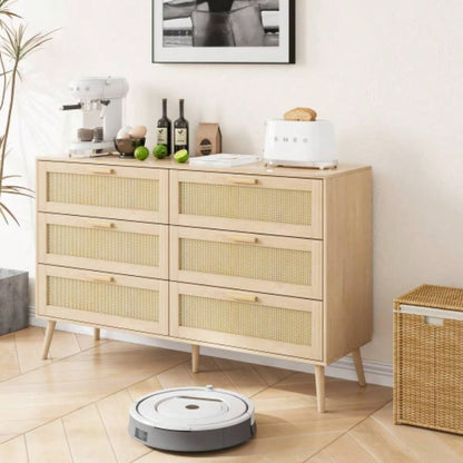 Rattan 6 Drawers Chest of Dressers Bedroom, Modern 6 Drawer Dresser, Wide Chest of Drawers with wood Handles, Rattan Dresser Storage Cabinet Living Room, Bedroom, Hallway