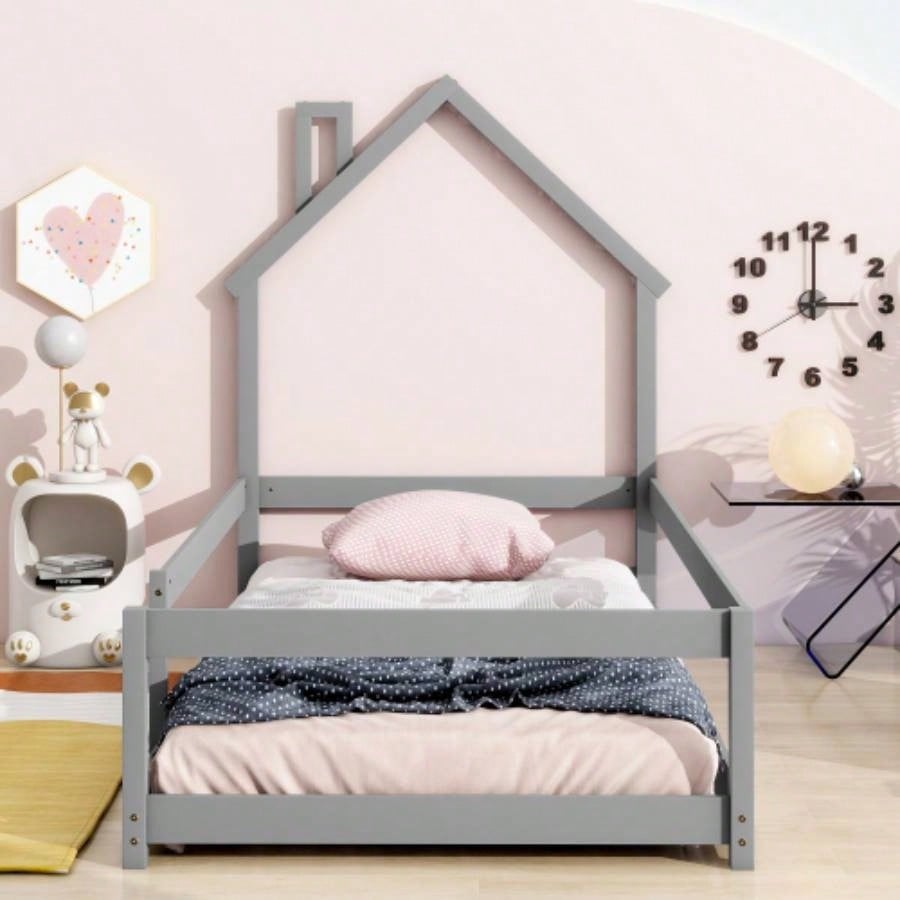 Twin Size Wood bed with House - shaped Headboard Floor bed with Fences,