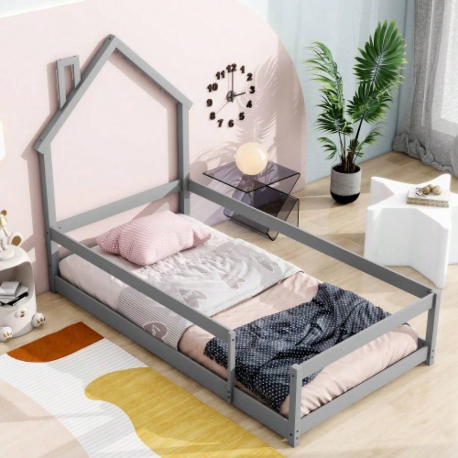 Twin Size Wood bed with House - shaped Headboard Floor bed with Fences,