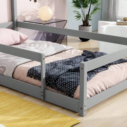 Twin Size Wood bed with House - shaped Headboard Floor bed with Fences,