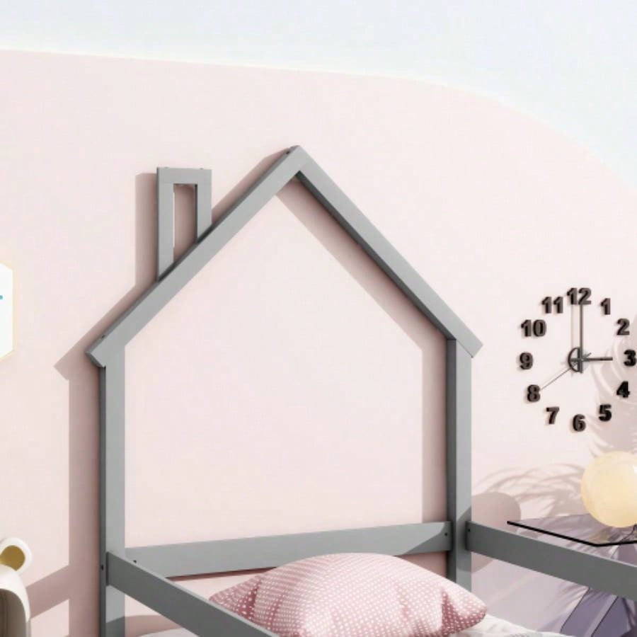 Twin Size Wood bed with House - shaped Headboard Floor bed with Fences,