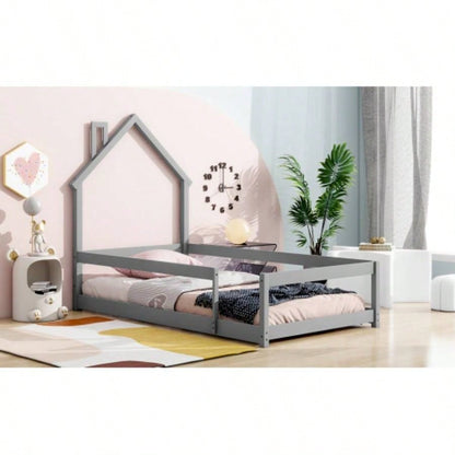 Twin Size Wood bed with House - shaped Headboard Floor bed with Fences,