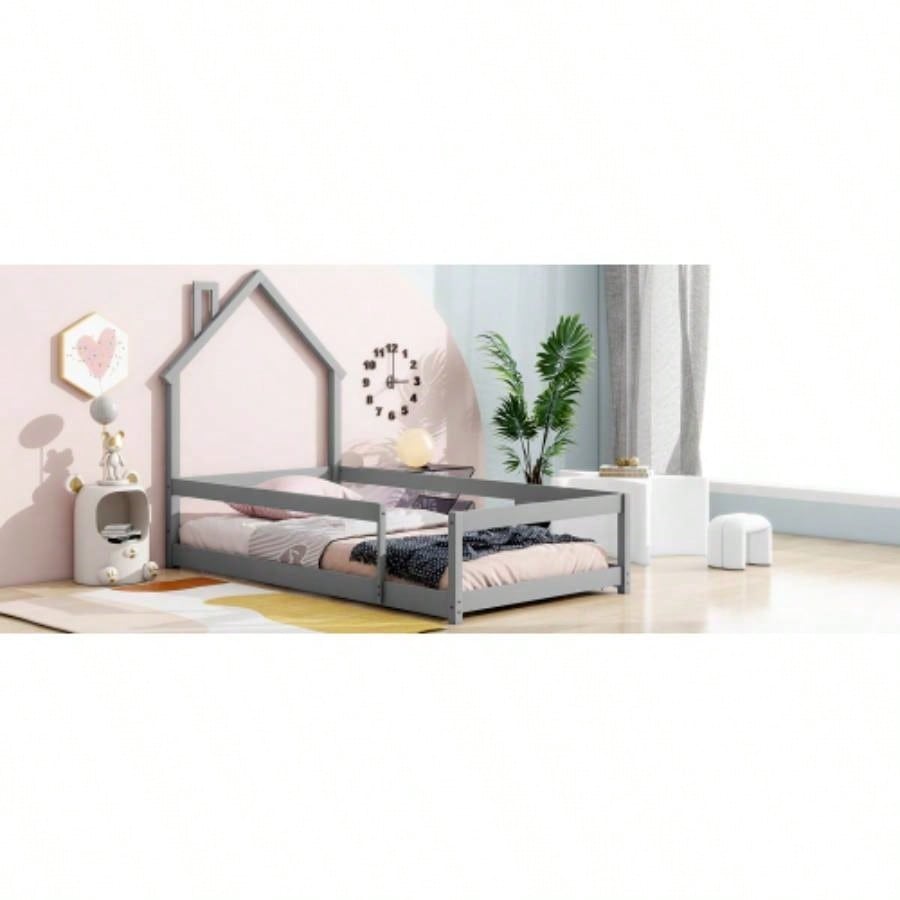 Twin Size Wood bed with House - shaped Headboard Floor bed with Fences,