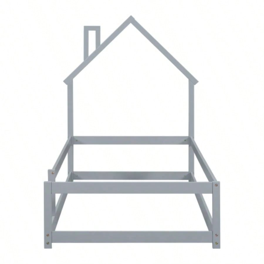 Twin Size Wood bed with House - shaped Headboard Floor bed with Fences,
