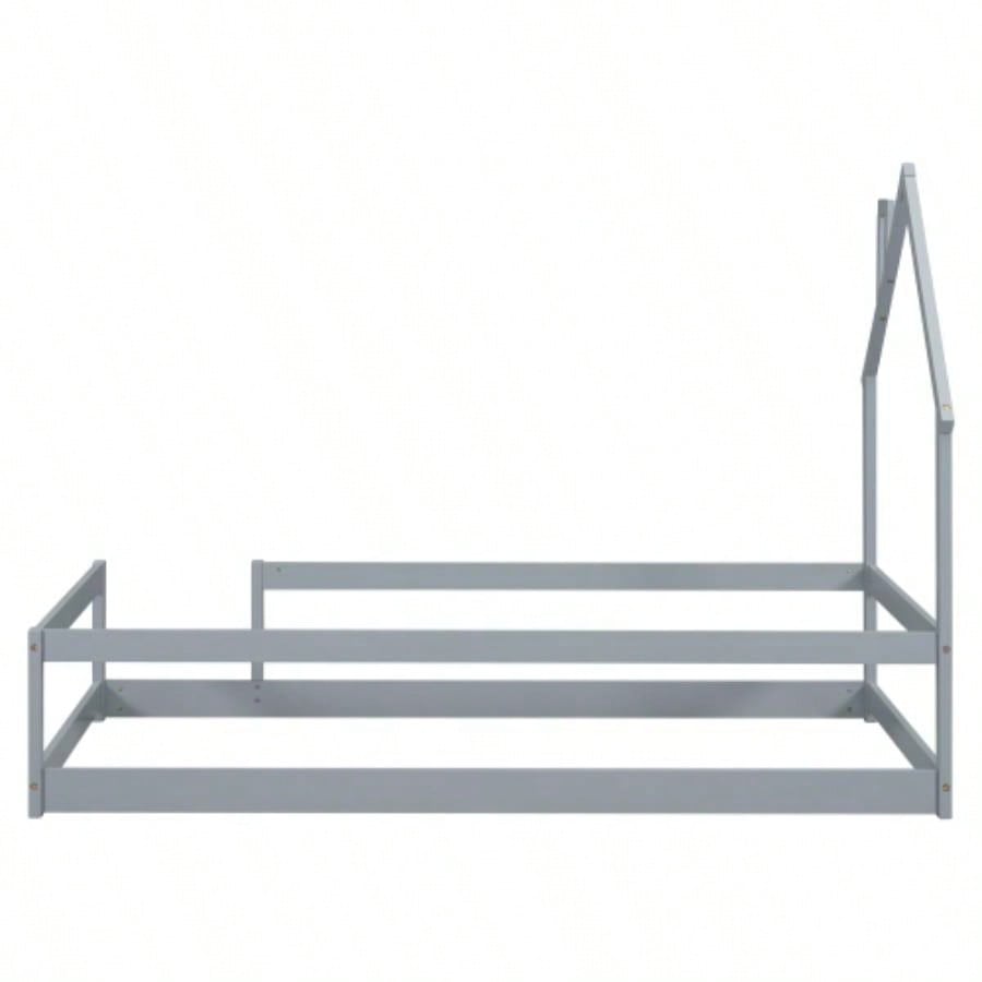 Twin Size Wood bed with House - shaped Headboard Floor bed with Fences,