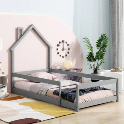 Twin Size Wood bed with House - shaped Headboard Floor bed with Fences,