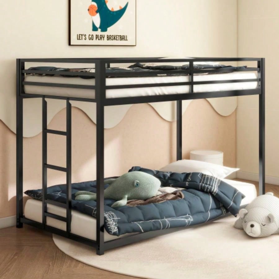 Adam Sturdy Twin over Twin Bunk Bed Metal Black and Adult, Low Profile Twin over twin bunk bed with Ladder and Guardrails, Easy Climbing, Beds Bedroom, Same as B083124170