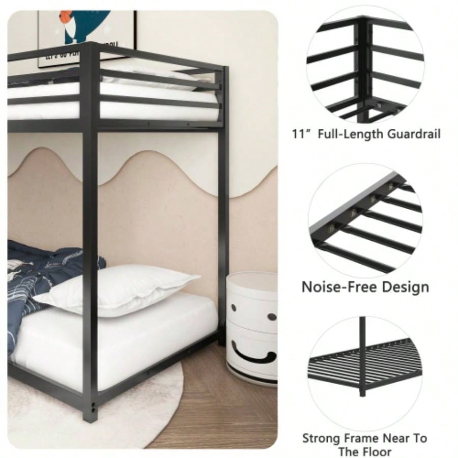 Adam Sturdy Twin over Twin Bunk Bed Metal Black and Adult, Low Profile Twin over twin bunk bed with Ladder and Guardrails, Easy Climbing, Beds Bedroom, Same as B083124170