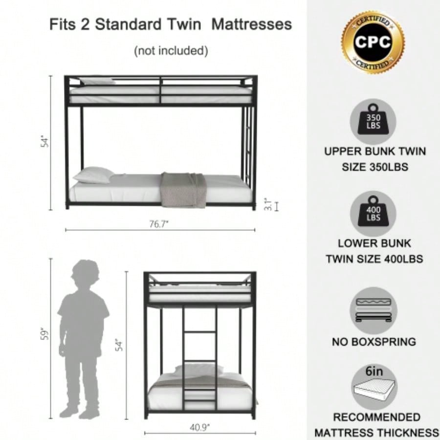 Adam Sturdy Twin over Twin Bunk Bed Metal Black and Adult, Low Profile Twin over twin bunk bed with Ladder and Guardrails, Easy Climbing, Beds Bedroom, Same as B083124170