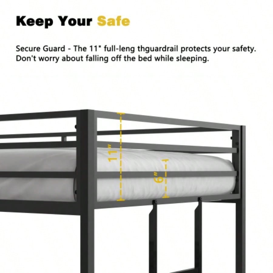 Adam Sturdy Twin over Twin Bunk Bed Metal Black and Adult, Low Profile Twin over twin bunk bed with Ladder and Guardrails, Easy Climbing, Beds Bedroom, Same as B083124170