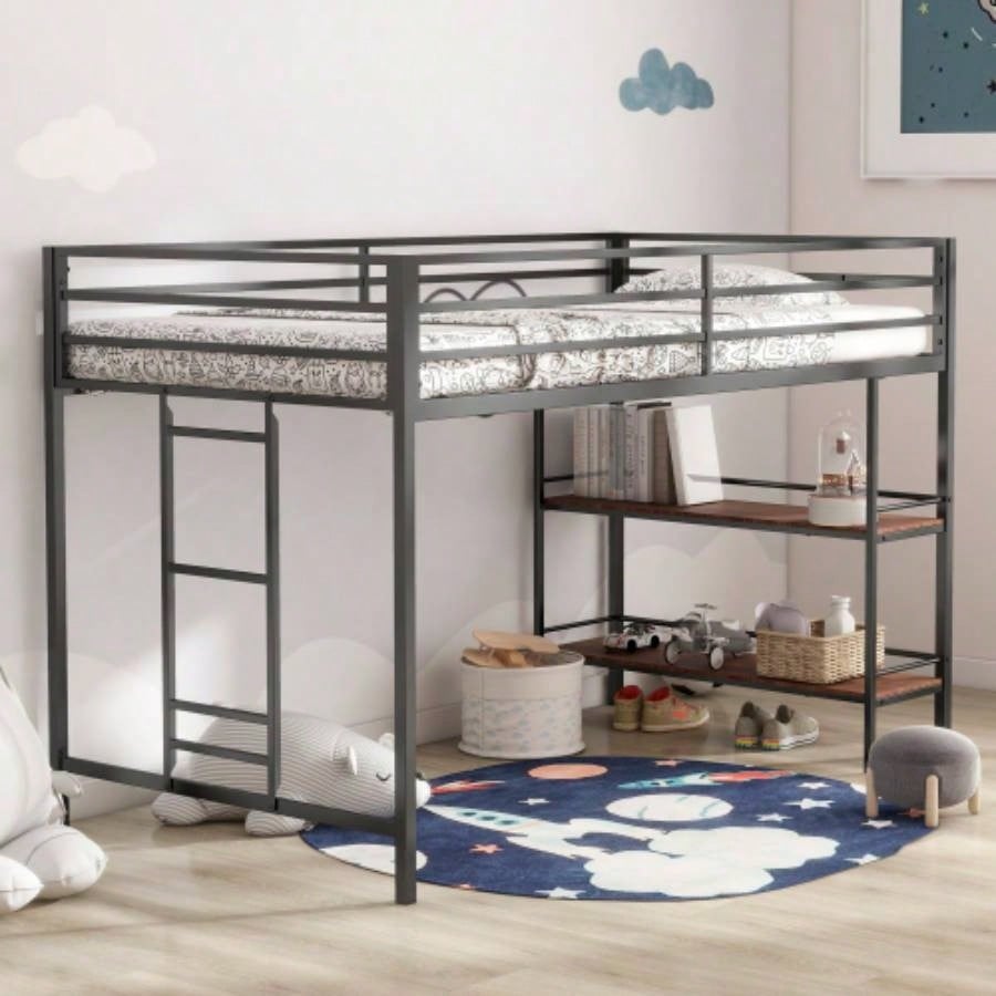 Adam sturdy junior twin loft bed black with Cinnamon wood shelf, space saving, Loft Bed with easy climbing Ladder and Guardrails, Loft Bed Frame Bedroom