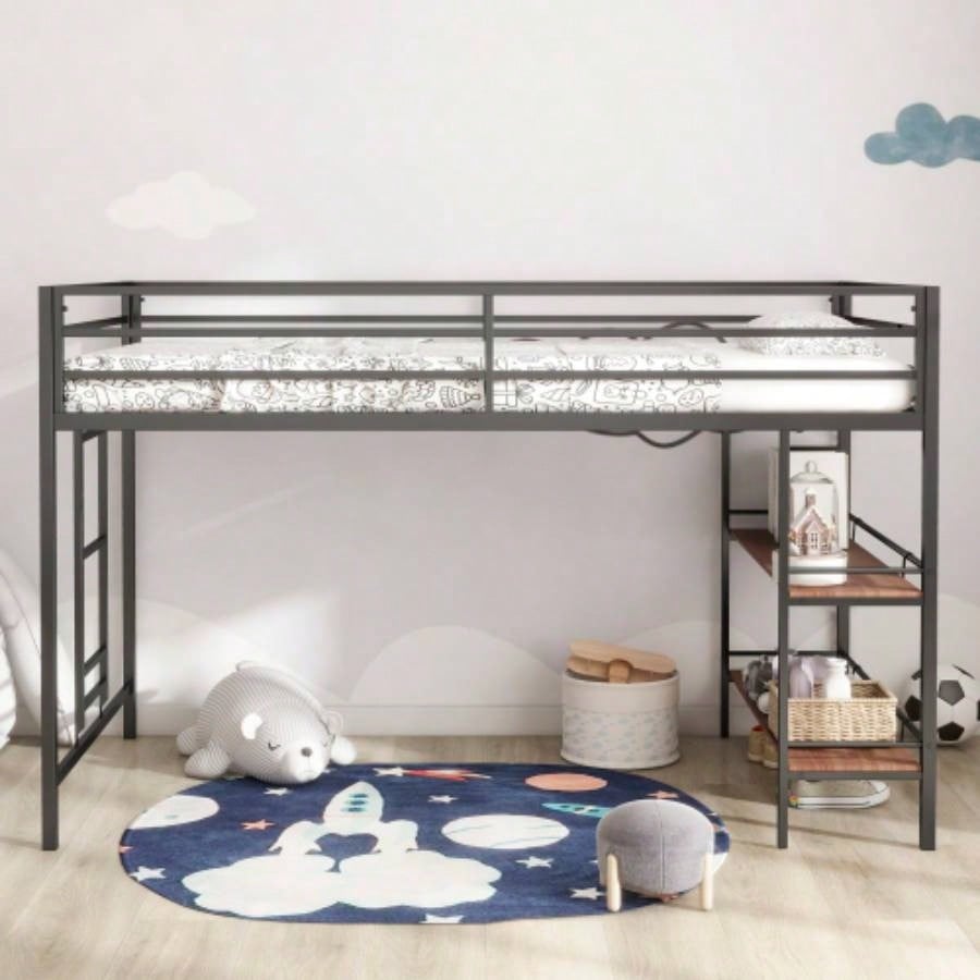 Adam sturdy junior twin loft bed black with Cinnamon wood shelf, space saving, Loft Bed with easy climbing Ladder and Guardrails, Loft Bed Frame Bedroom