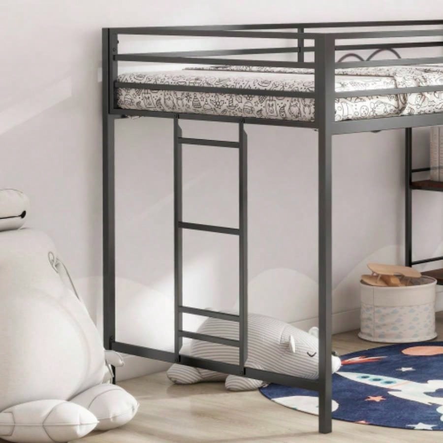 Adam sturdy junior twin loft bed black with Cinnamon wood shelf, space saving, Loft Bed with easy climbing Ladder and Guardrails, Loft Bed Frame Bedroom
