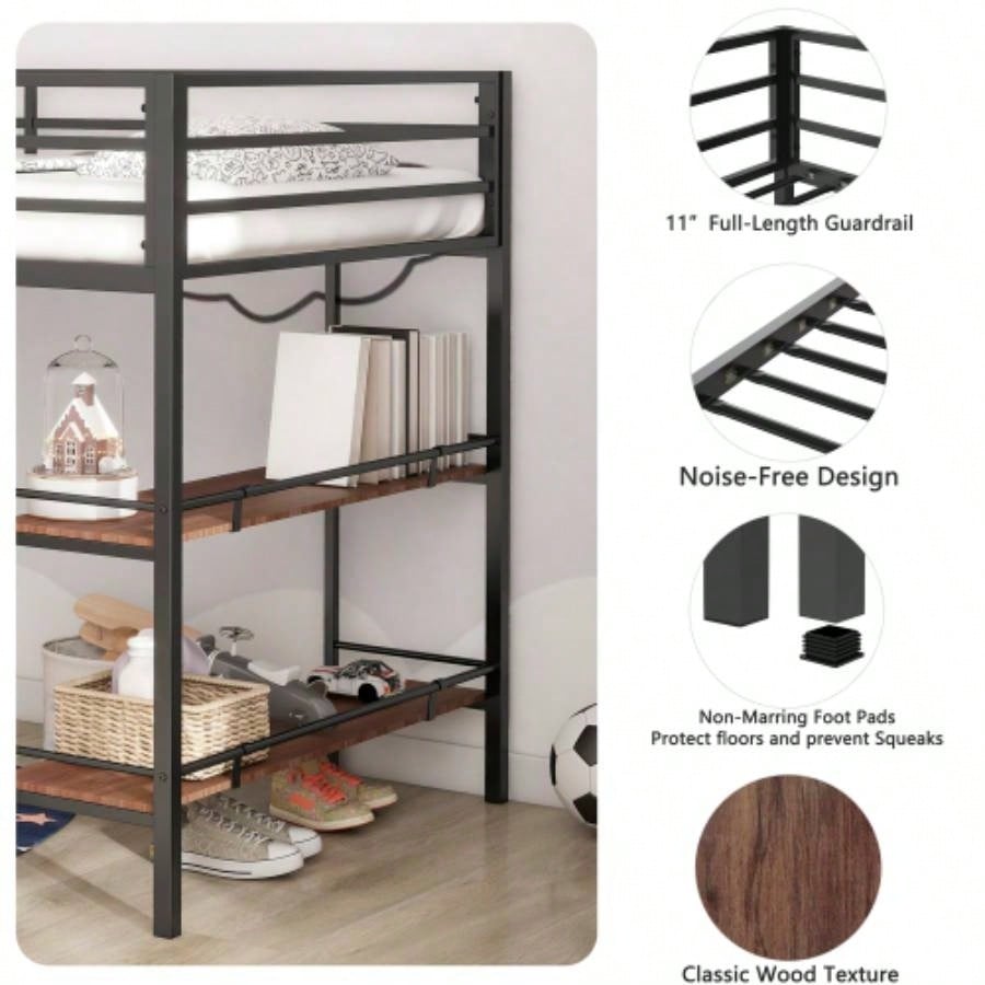 Adam sturdy junior twin loft bed black with Cinnamon wood shelf, space saving, Loft Bed with easy climbing Ladder and Guardrails, Loft Bed Frame Bedroom