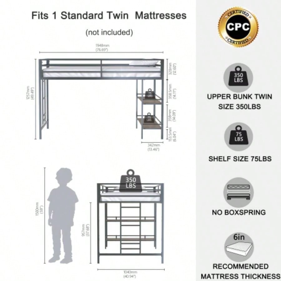Adam sturdy junior twin loft bed black with Cinnamon wood shelf, space saving, Loft Bed with easy climbing Ladder and Guardrails, Loft Bed Frame Bedroom