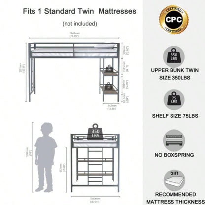 Adam sturdy junior twin loft bed black with Cinnamon wood shelf, space saving, Loft Bed with easy climbing Ladder and Guardrails, Loft Bed Frame Bedroom