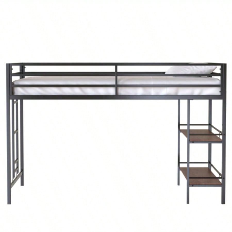 Adam sturdy junior twin loft bed black with Cinnamon wood shelf, space saving, Loft Bed with easy climbing Ladder and Guardrails, Loft Bed Frame Bedroom