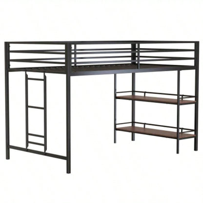 Adam sturdy junior twin loft bed black with Cinnamon wood shelf, space saving, Loft Bed with easy climbing Ladder and Guardrails, Loft Bed Frame Bedroom