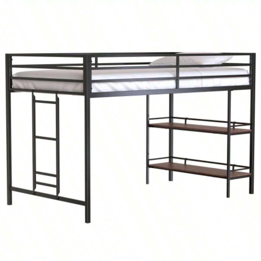Adam sturdy junior twin loft bed black with Cinnamon wood shelf, space saving, Loft Bed with easy climbing Ladder and Guardrails, Loft Bed Frame Bedroom