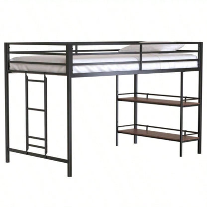 Adam sturdy junior twin loft bed black with Cinnamon wood shelf, space saving, Loft Bed with easy climbing Ladder and Guardrails, Loft Bed Frame Bedroom