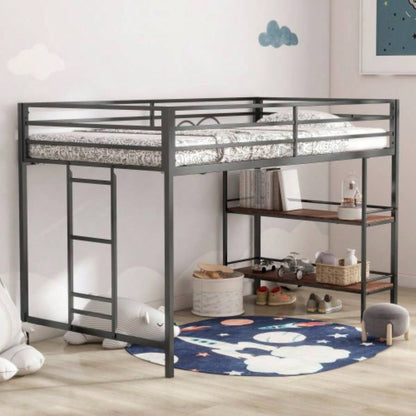 Adam sturdy junior twin loft bed black with Cinnamon wood shelf, space saving, Loft Bed with easy climbing Ladder and Guardrails, Loft Bed Frame Bedroom